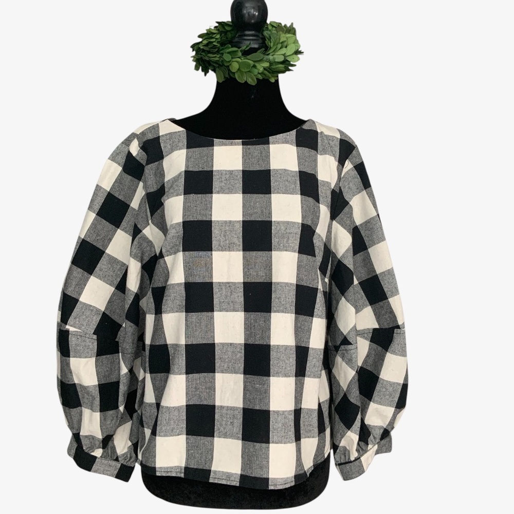 Anthropologie Sunday in Brooklyn Black Ivory Buffalo Plaid Puff Sleeve Blouse S
